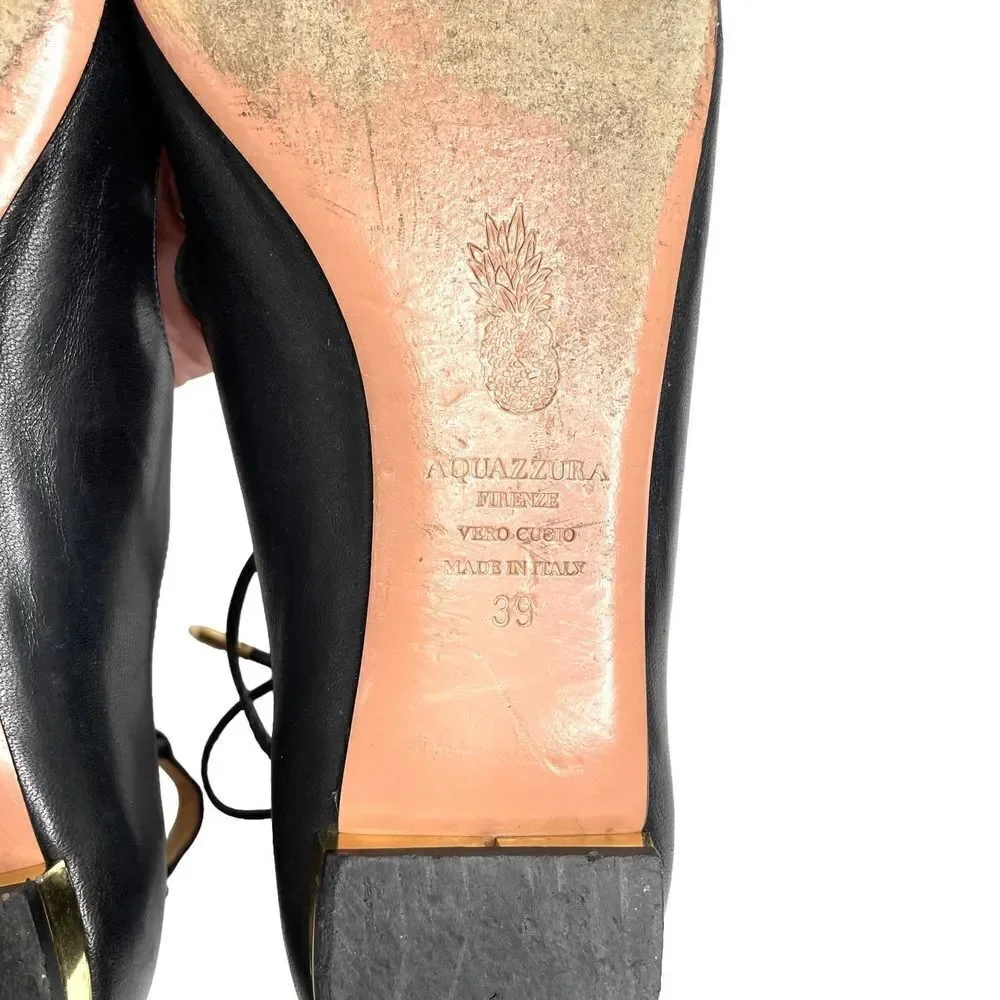 Aquazzura Christy Lace-Up Flats‎ Sz 39 leather black